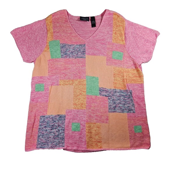 Crazy Horse Tops - Crazy Horse Women's Sz 2/XXL VTG‎ 90's Multicolor Patchwork Knit V-neck Top